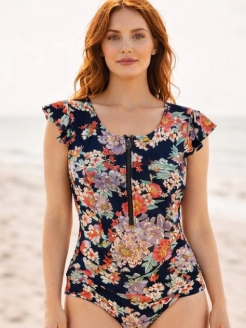 Boho Floral One Piece Swimsuit | Ruffle Sleeve Zip Front | Coastal Resort Swim
